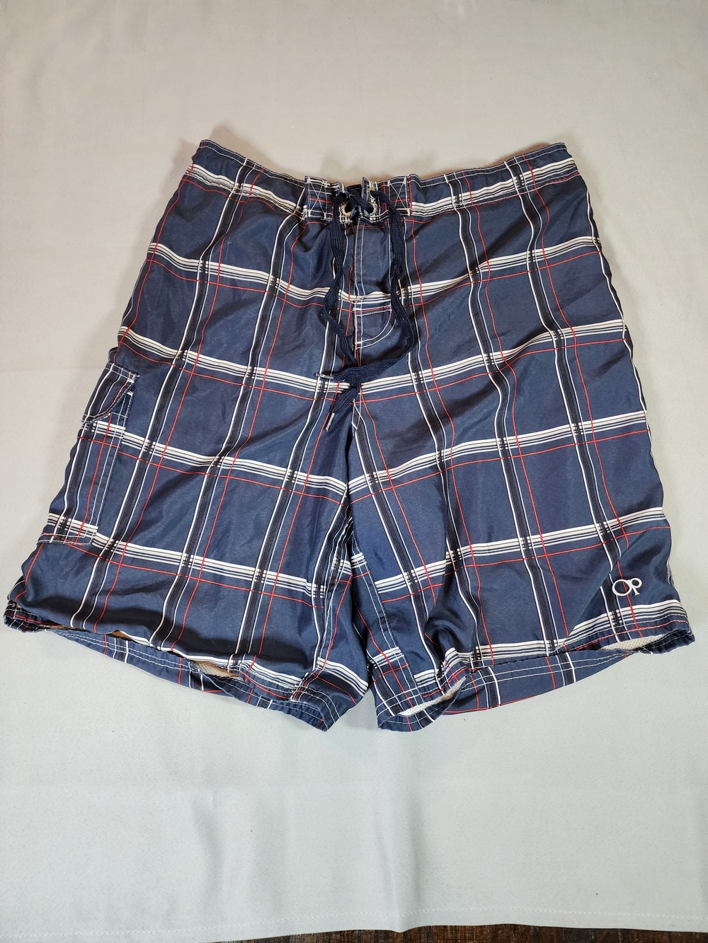 OP Men’s Navy Plaid Swim Board Shorts with Red and White Stripes